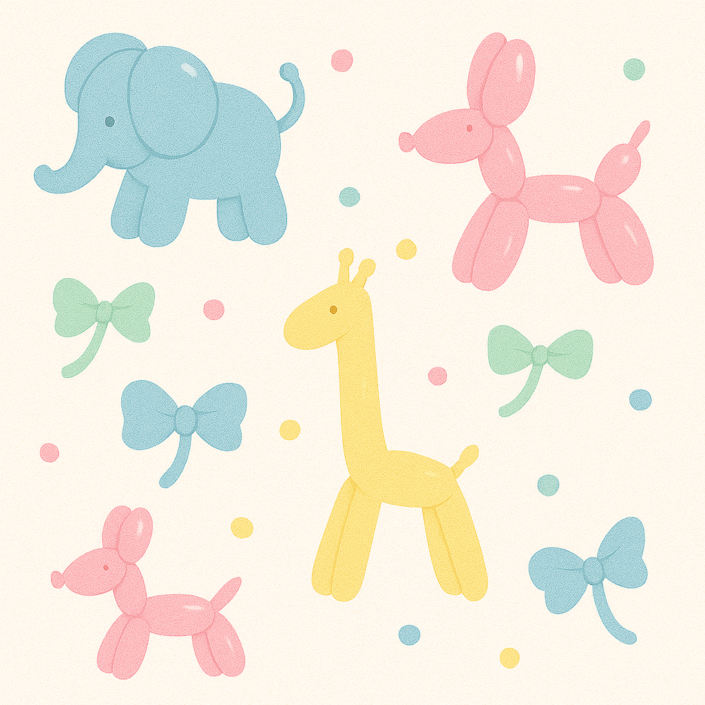 Pastel balloon animal wallpaper featuring elephants, giraffes, and dogs with bows and polka dots.