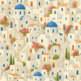 Santorini Steps Wallpaper with an illustration of white hillside villas and blue domes.