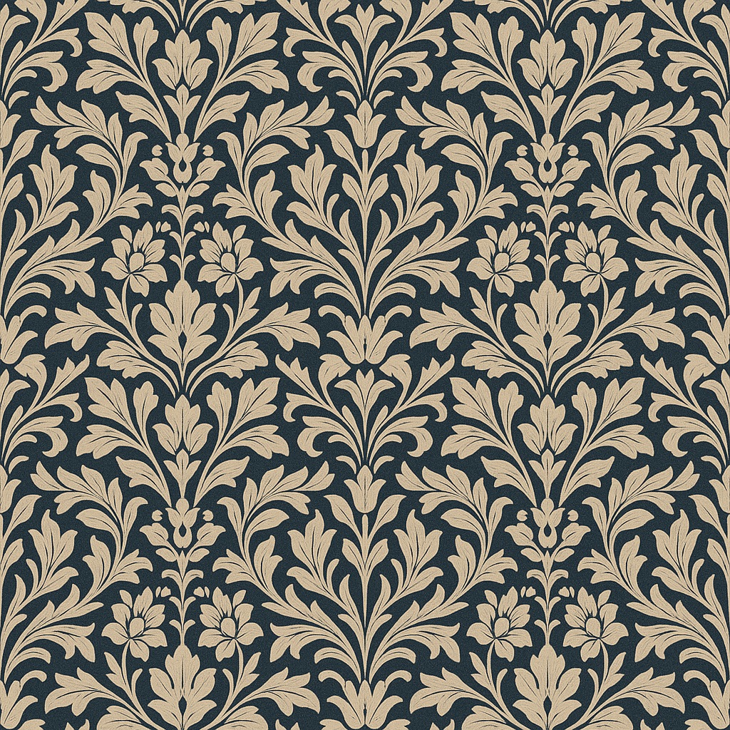 Noble Laurel wallpaper with a repeating damask pattern in tan against a navy background.
