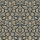 Noble Laurel wallpaper with a repeating damask pattern in tan against a navy background.
