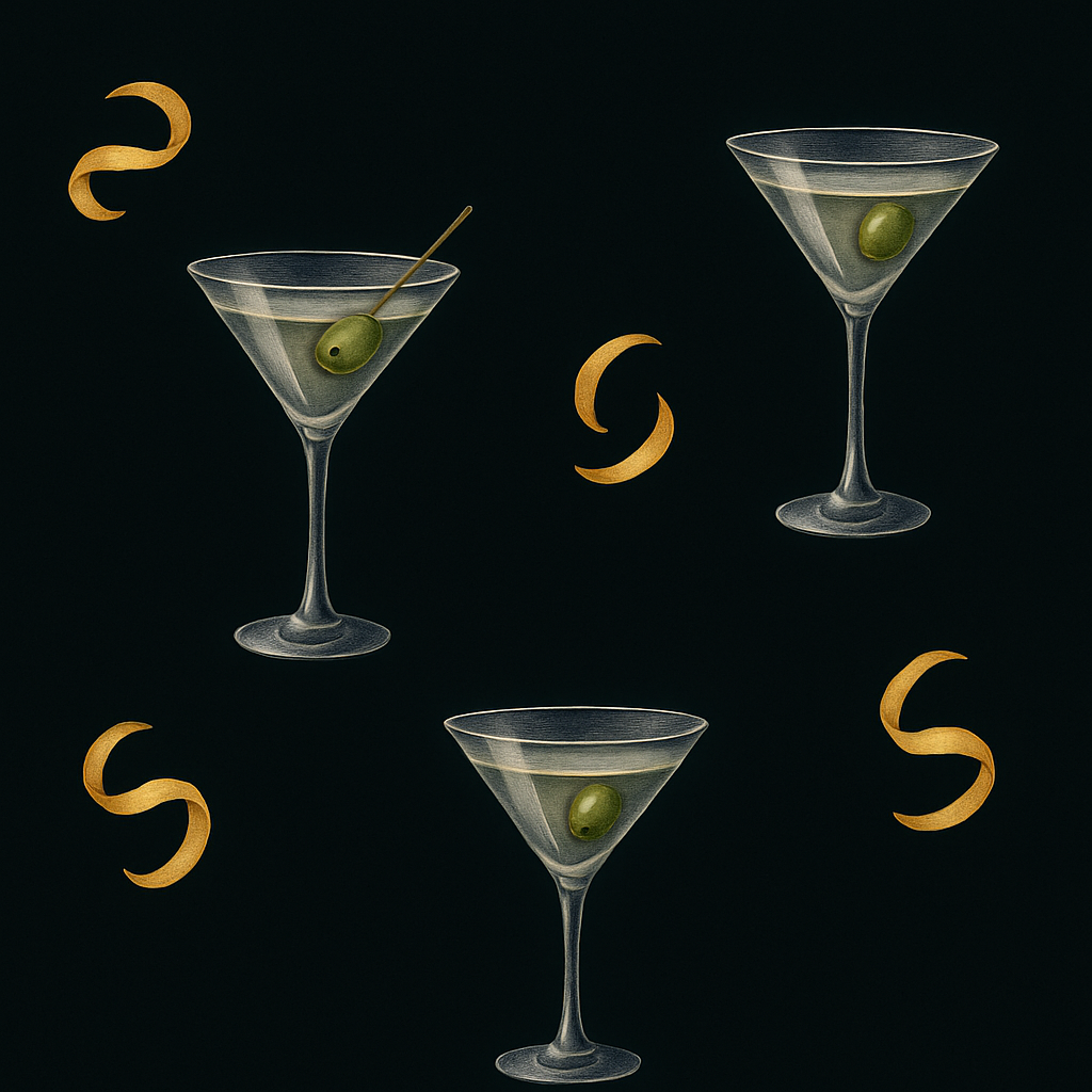Dirty Martini wallpaper with olive accents and gold-colored swirls on a dark background.