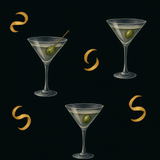 Dirty Martini wallpaper with olive accents and gold-colored swirls on a dark background.
