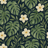 Monstera Noire wallpaper with leaves and flowers on a dark background.