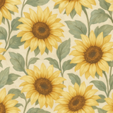 Sunflower patterned wallpaper with green leaves on a light tan background.