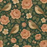 Floral wallpaper with birds among the roses, on a dark green background.