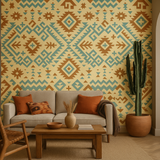 Mesa Nomad wallpaper with an indigenous-inspired brown and teal pattern.
