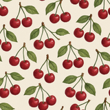 Cherry patterned wallpaper with leafy stems on a beige background.