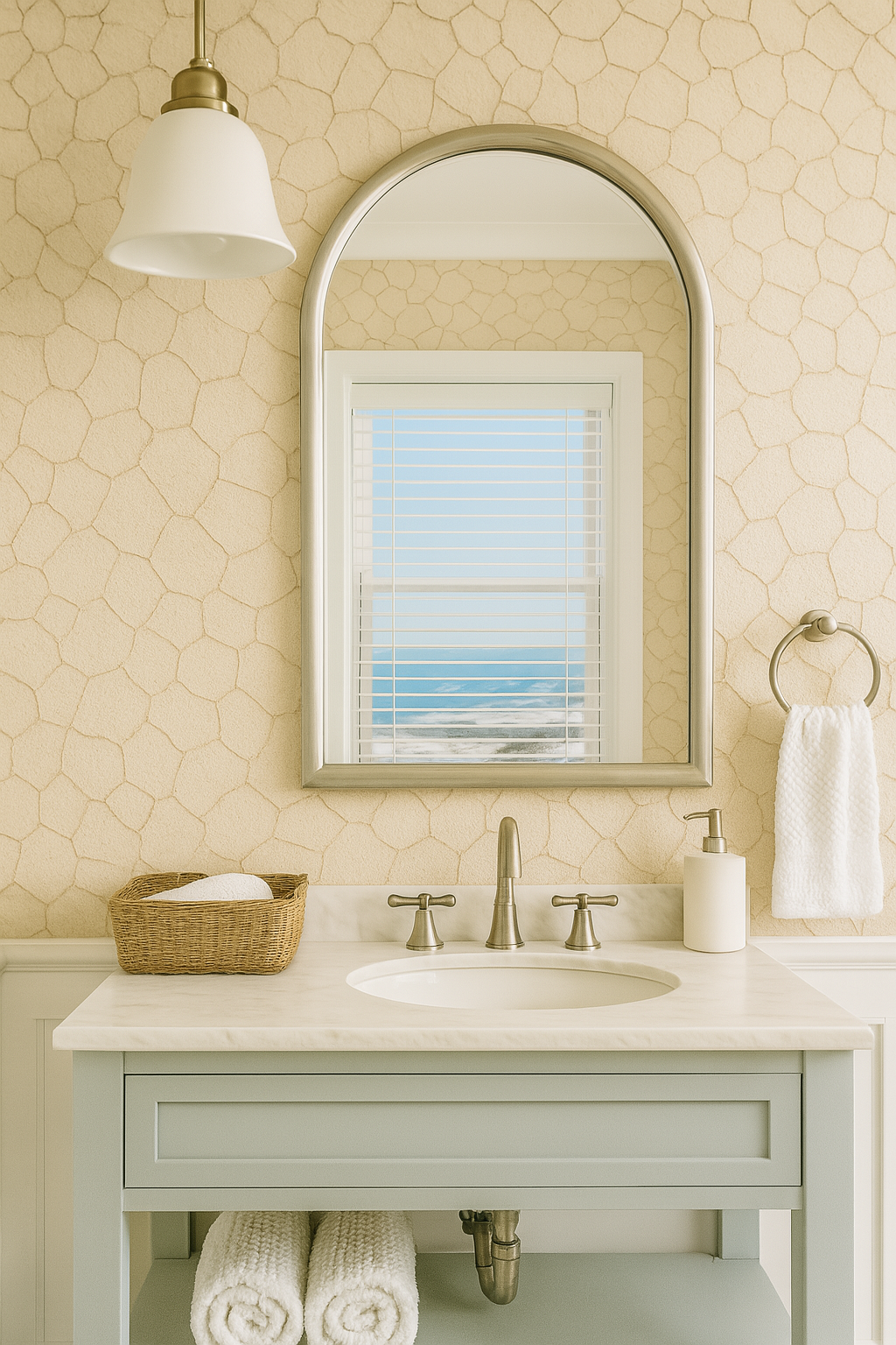 Beige Saltpan Wallpaper with stone pattern texture, seen on a bathroom wall behind a vanity.