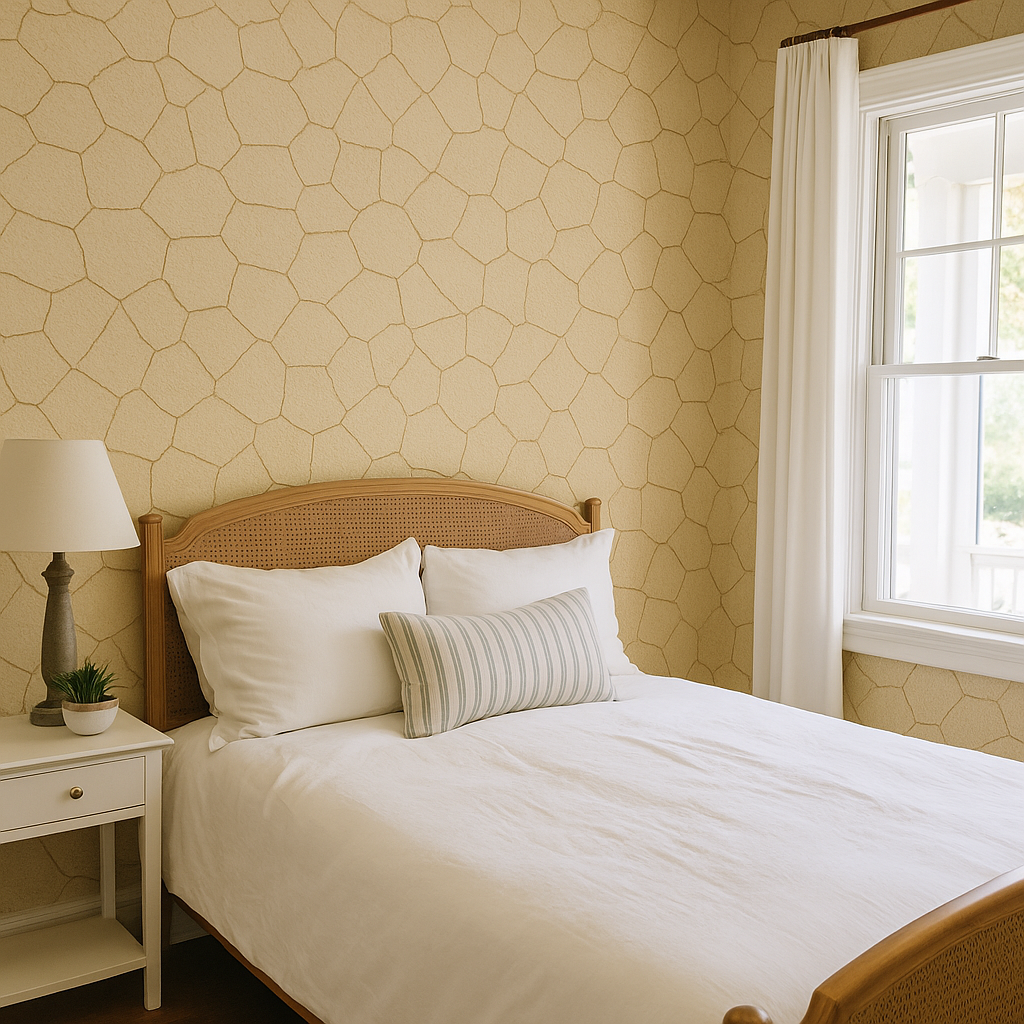 Neutral-toned Saltpan Wallpaper with a cracked stone pattern, covering bedroom walls above a bed and nightstand.
