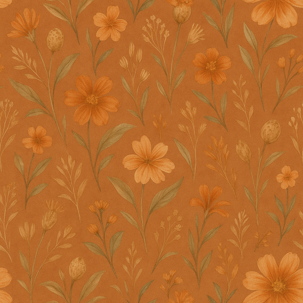 Terracotta blooms wallpaper with floral pattern on textured background.