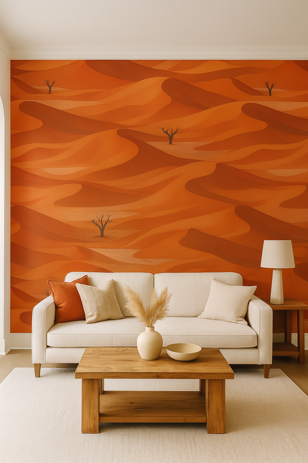 Ember Dunes wallpaper with an orange desert pattern and sparse trees.