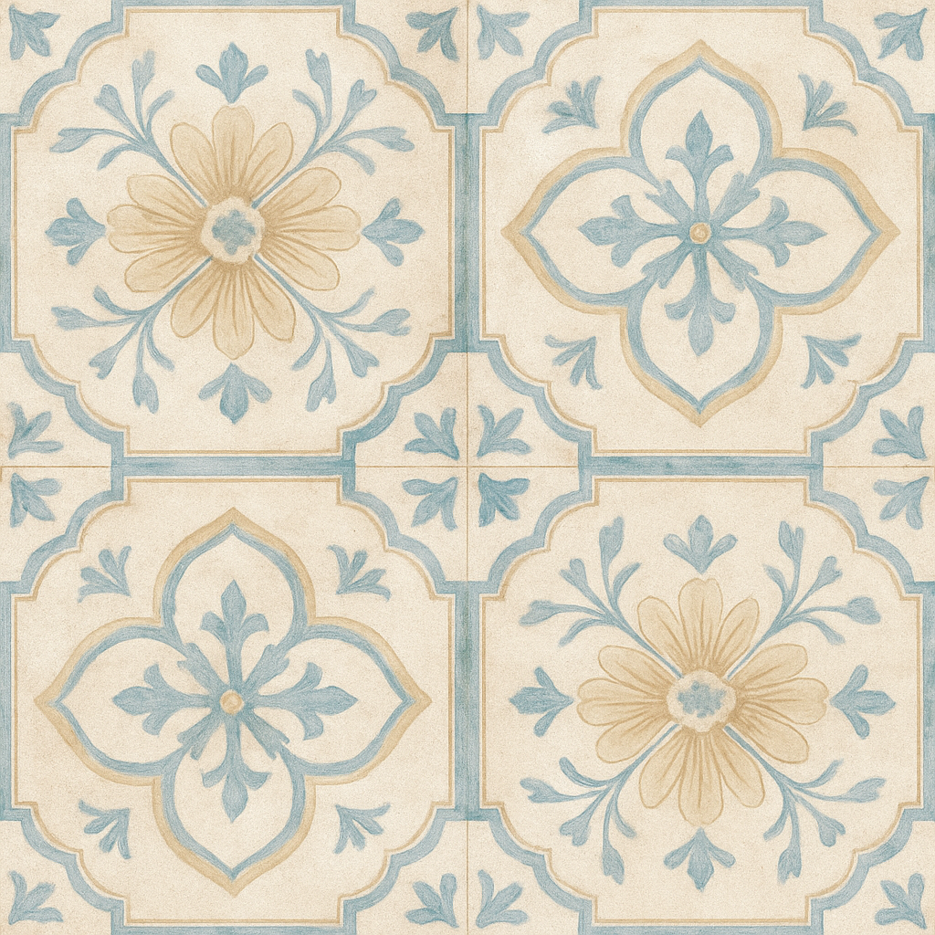 Vintage Provence tile wallpaper with floral designs in cream and blue.
