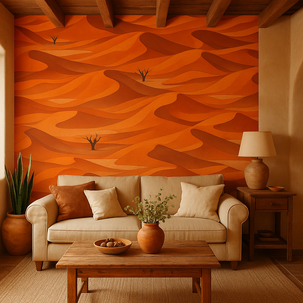 Ember Dunes Wallpaper with stylized desert landscape pattern.
