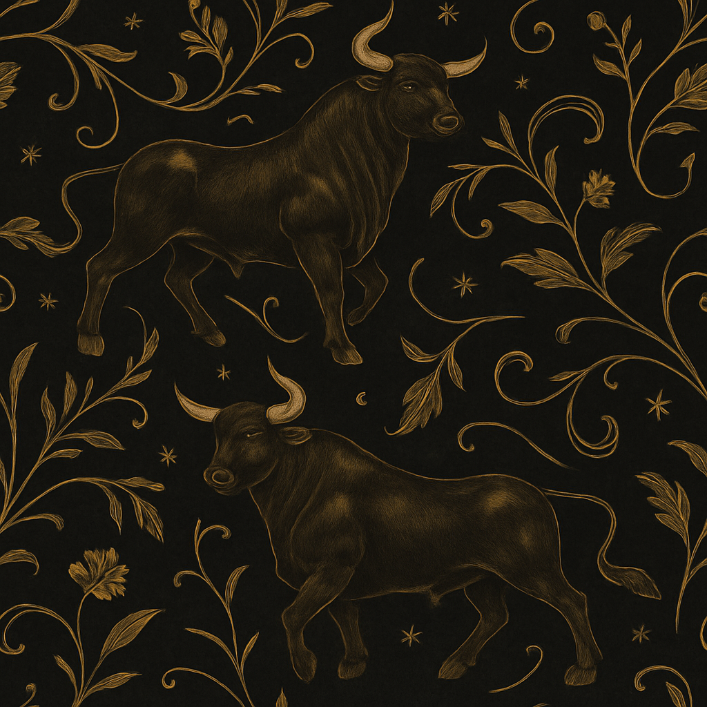 Gilded Taurus wallpaper with bull patterns, foliate details, and star accents.
