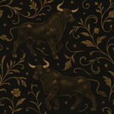 Gilded Taurus wallpaper with bull patterns, foliate details, and star accents.
