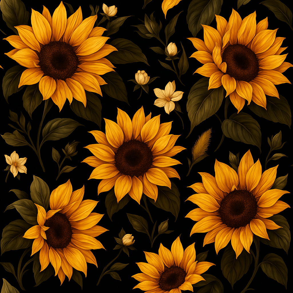 Sunflower wallpaper with yellow petals on a black background, decorated with green leaves.
