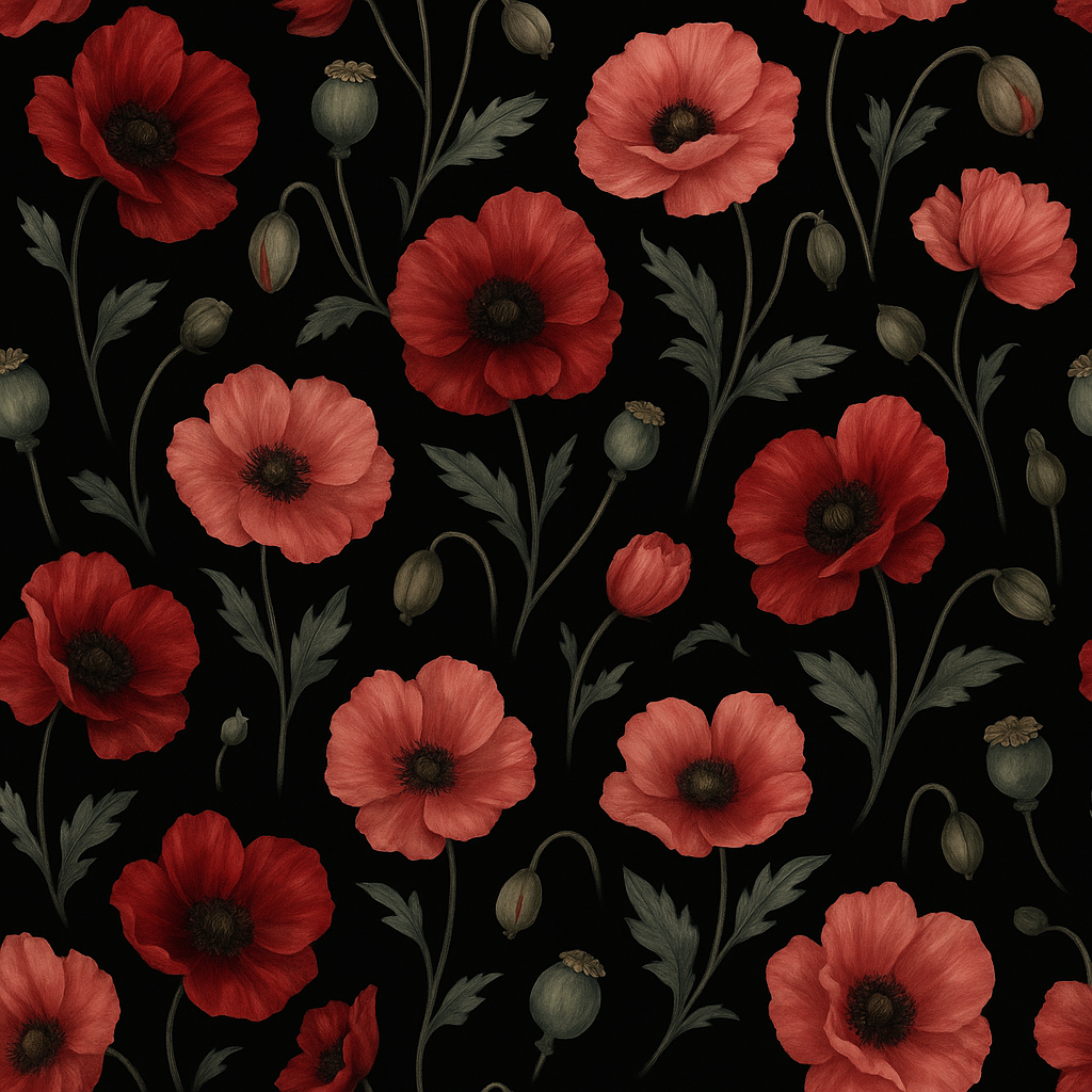 Poppy Fields wallpaper with red poppies and green foliage on a black background.