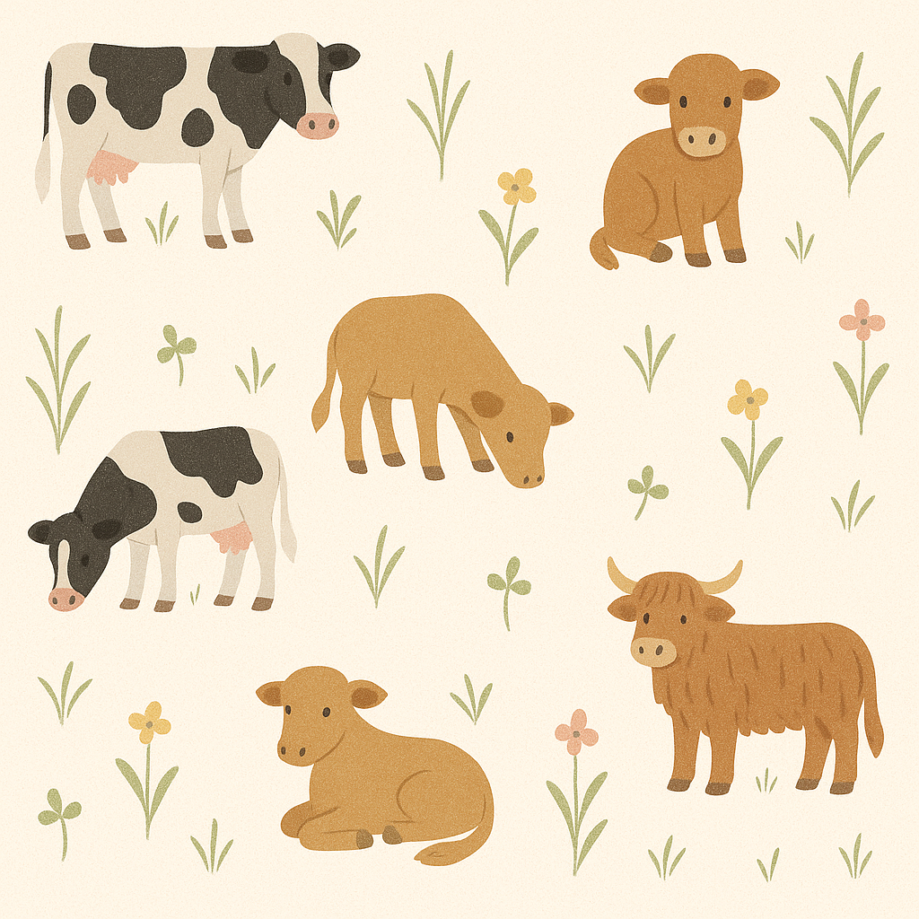 Cow-themed wallpaper with brown, tan, and black colors featuring grassy and floral accents.