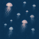 Underwater-themed wallpaper with jellyfish designs, featuring pink and blue hues, on a textured navy background.
