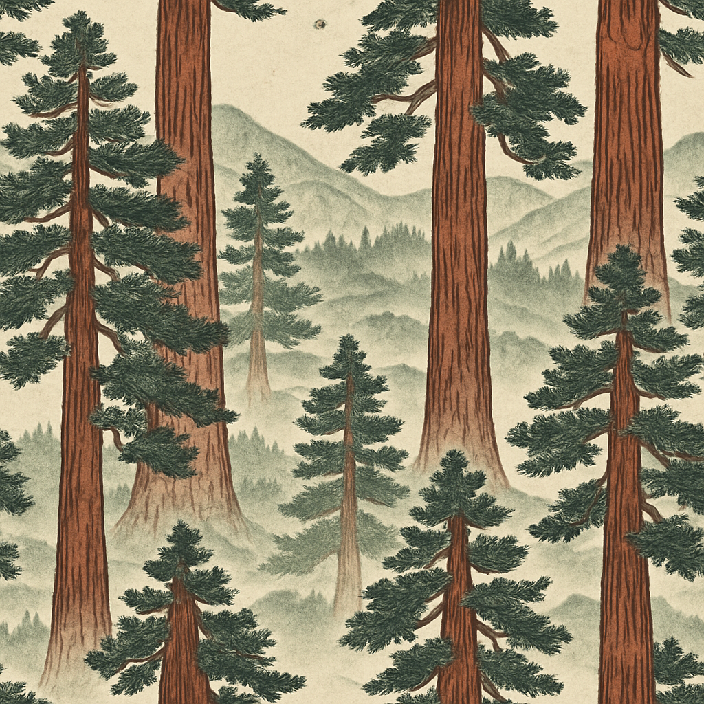Redwoods in Kyoto Wallpaper with repeating tall trees and foggy mountains.