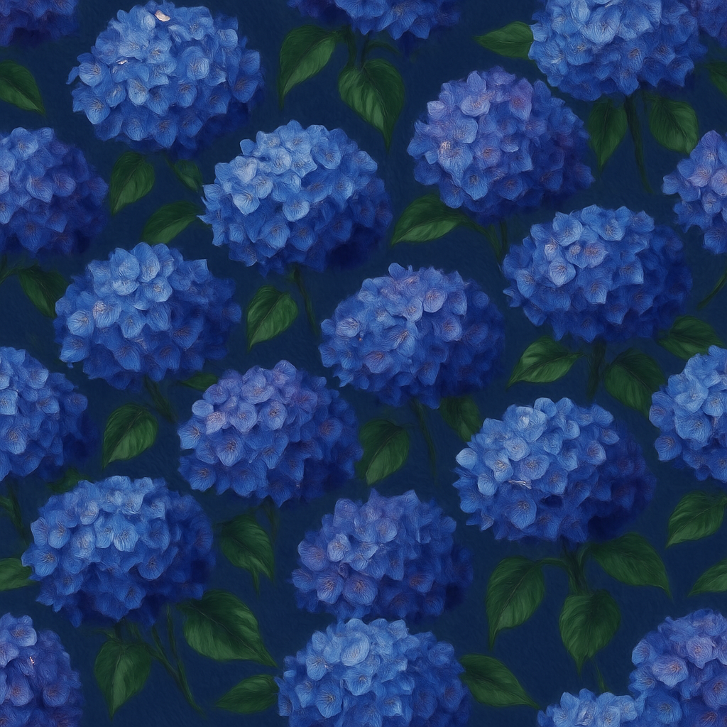 Blue cascading hydrangeas wallpaper with green leaves in a floral pattern.