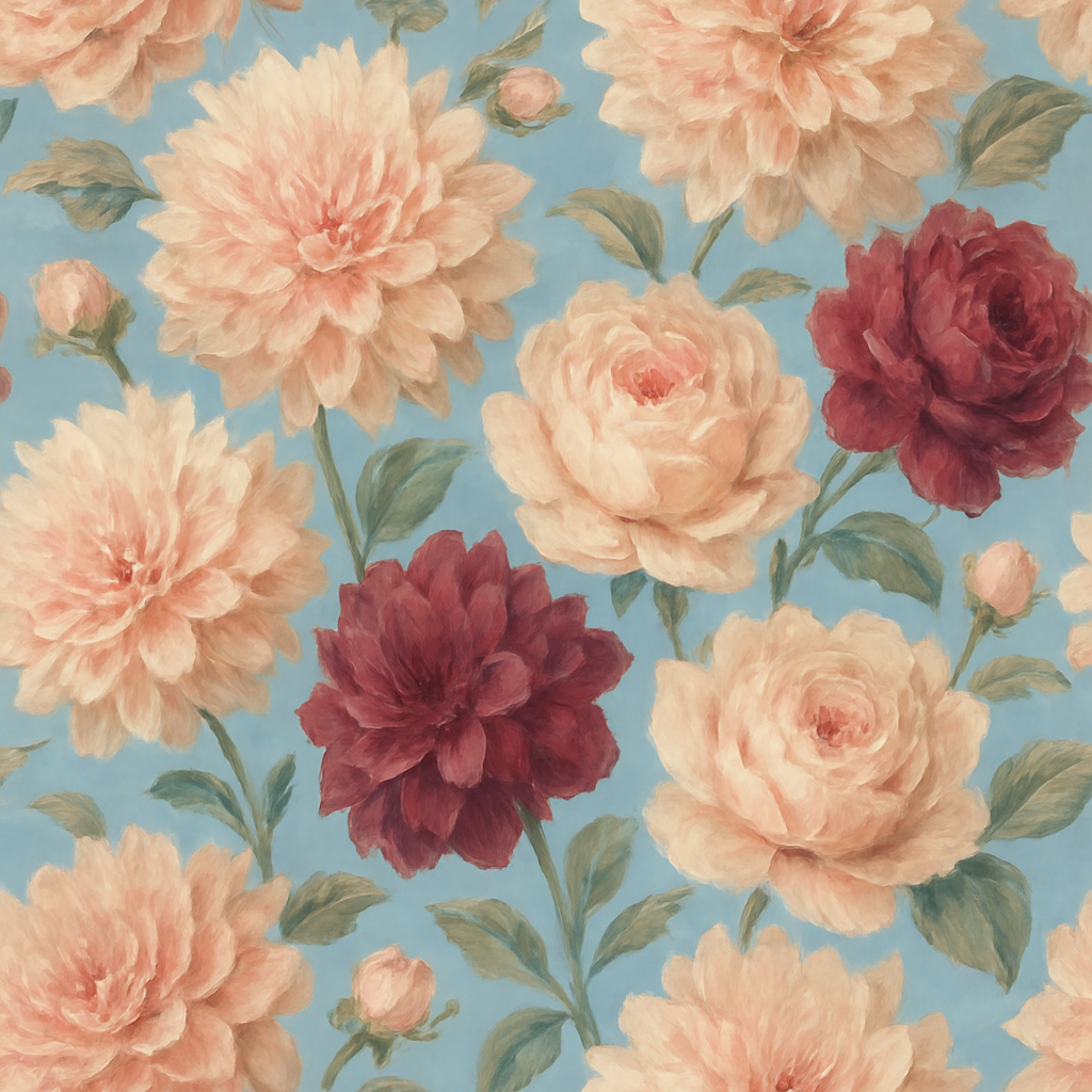Floral wallpaper with pink and red dahlias with rose accents, on a light blue background.