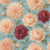 Floral wallpaper with pink and red dahlias with rose accents, on a light blue background.