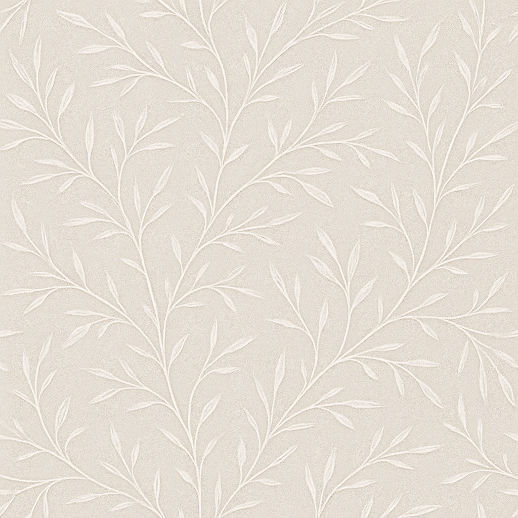 Beige wallpaper with a subtle textured finish and trailing vines pattern.