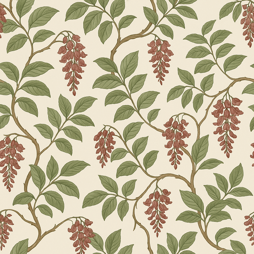 Botanical print wallpaper with wine and green pattern on an off-white background.