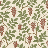 Botanical print wallpaper with wine and green pattern on an off-white background.