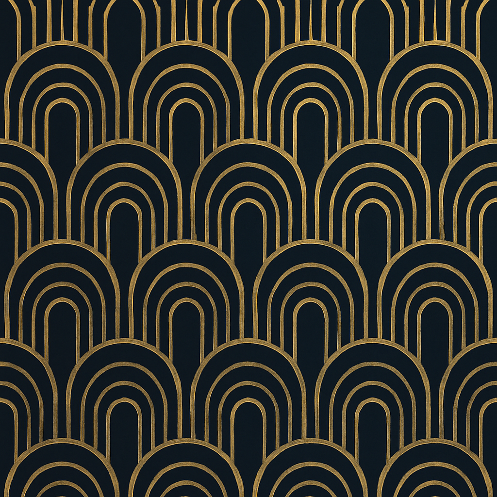 Deco Dawn wallpaper with gold geometric arch pattern on dark navy background.
