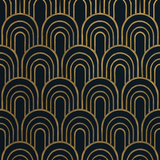 Deco Dawn wallpaper with gold geometric arch pattern on dark navy background.
