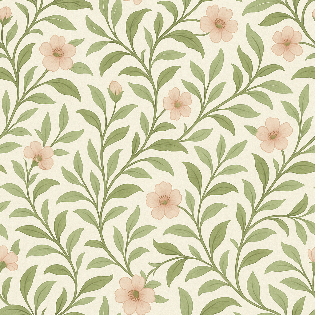 Floral wallpaper with a trailing leaves pattern in green and blush pink.