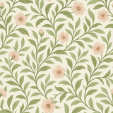 Floral wallpaper with a trailing leaves pattern in green and blush pink.