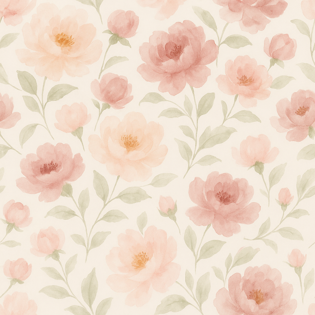 Floral wallpaper with peach and rose watercolor pattern on a light background.