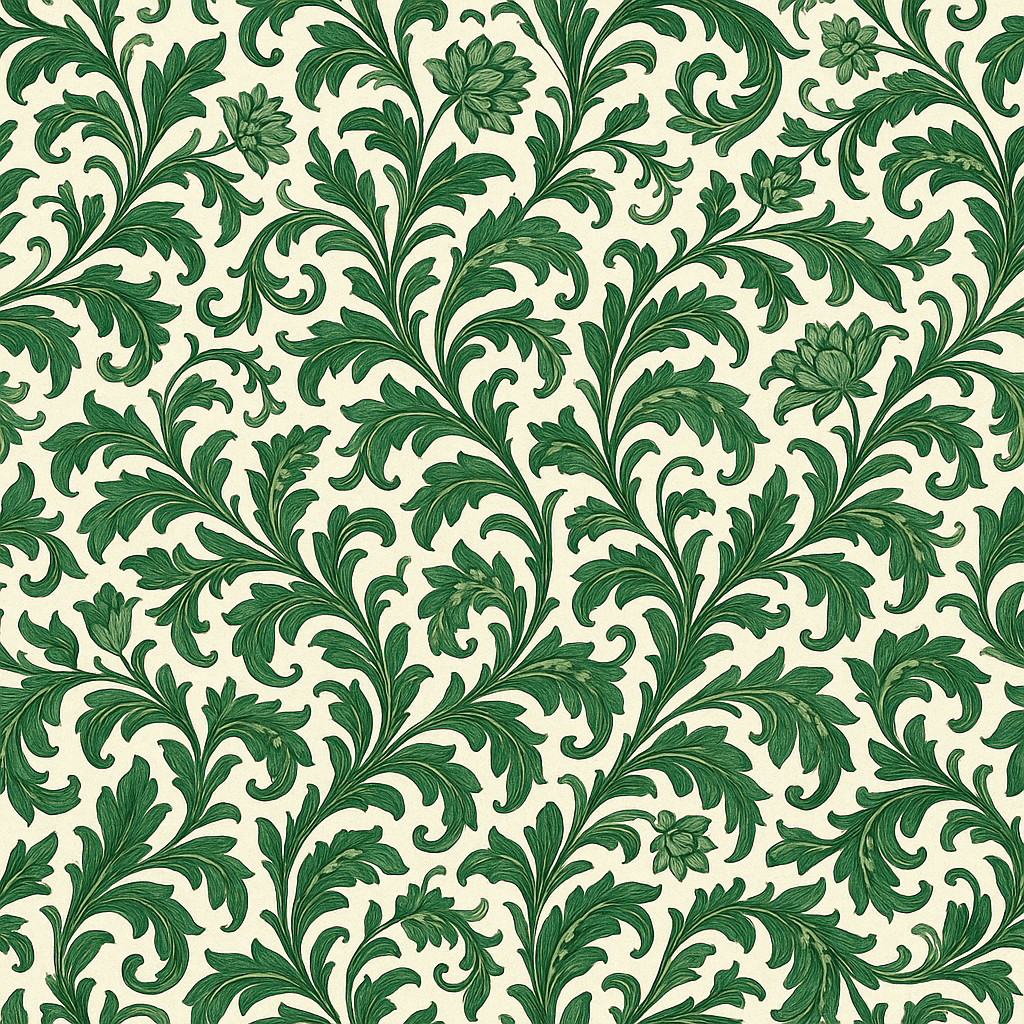 Emerald tapestry wallpaper with lush green floral design.
