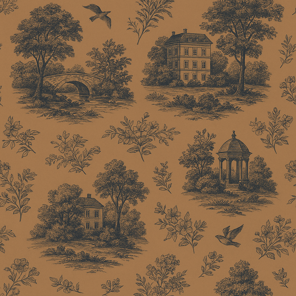 Modern toile wallpaper featuring a brown pastoral scene.
