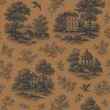 Modern toile wallpaper featuring a brown pastoral scene.
