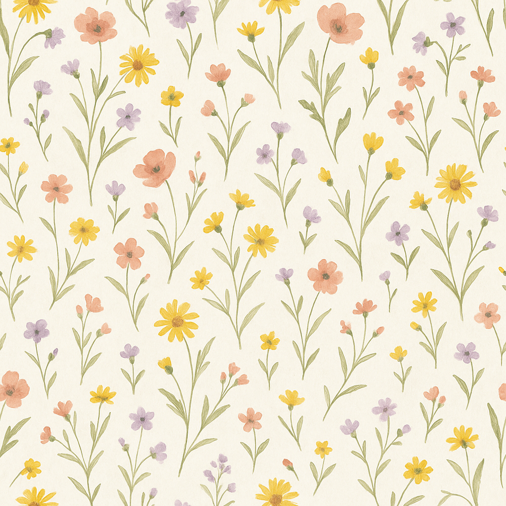 Floral wallpaper with yellow, purple, and coral flowers on a beige background.
