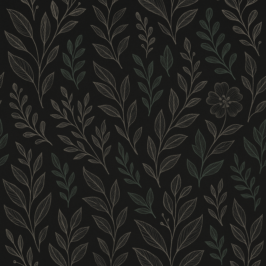 Noir Botanica Wallpaper with botanical leaf pattern on a dark background.