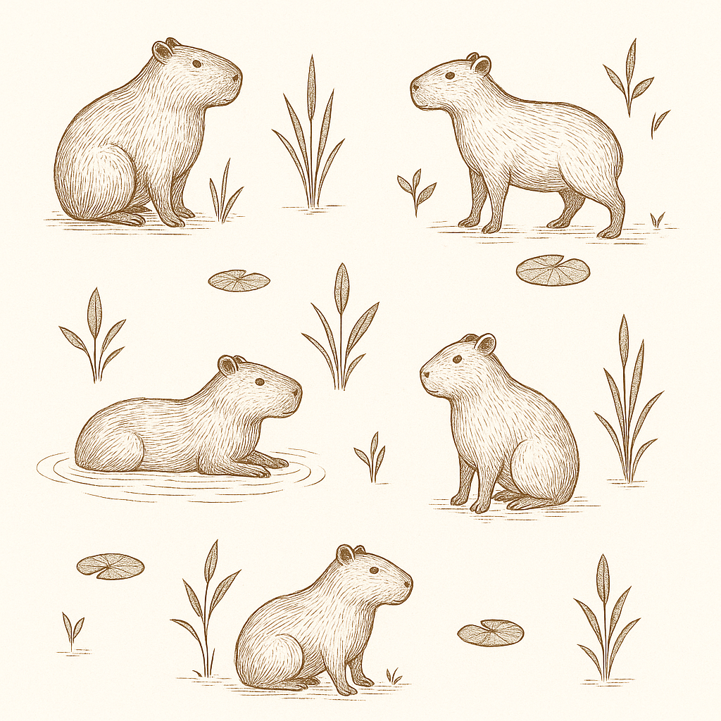 Capybara club wallpaper with brown line art of capybaras with reeds and lily pads.