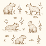 Capybara club wallpaper with brown line art of capybaras with reeds and lily pads.