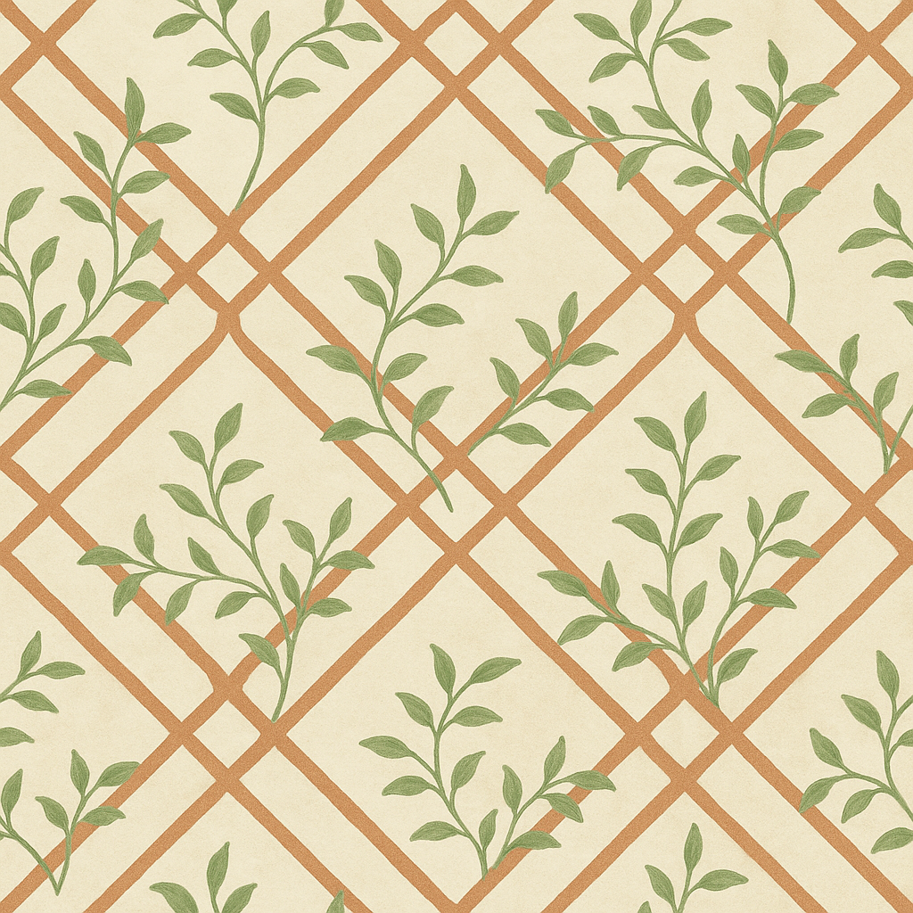Patterned trellis wallpaper with green vines on a beige background.