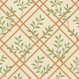 Patterned trellis wallpaper with green vines on a beige background.