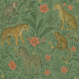 Jungle Fables wallpaper featuring tigers, monkeys, leopards, zebras and flowers, on a green background.