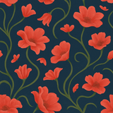 Floral wallpaper in red with a green stem design on a dark blue background.
