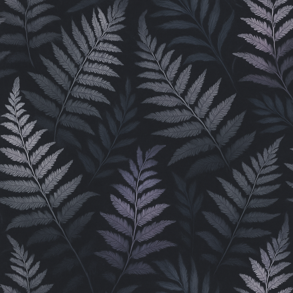 Fern pattern wallpaper with gray tones, featuring dark shaded leaves.
