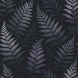 Fern pattern wallpaper with gray tones, featuring dark shaded leaves.