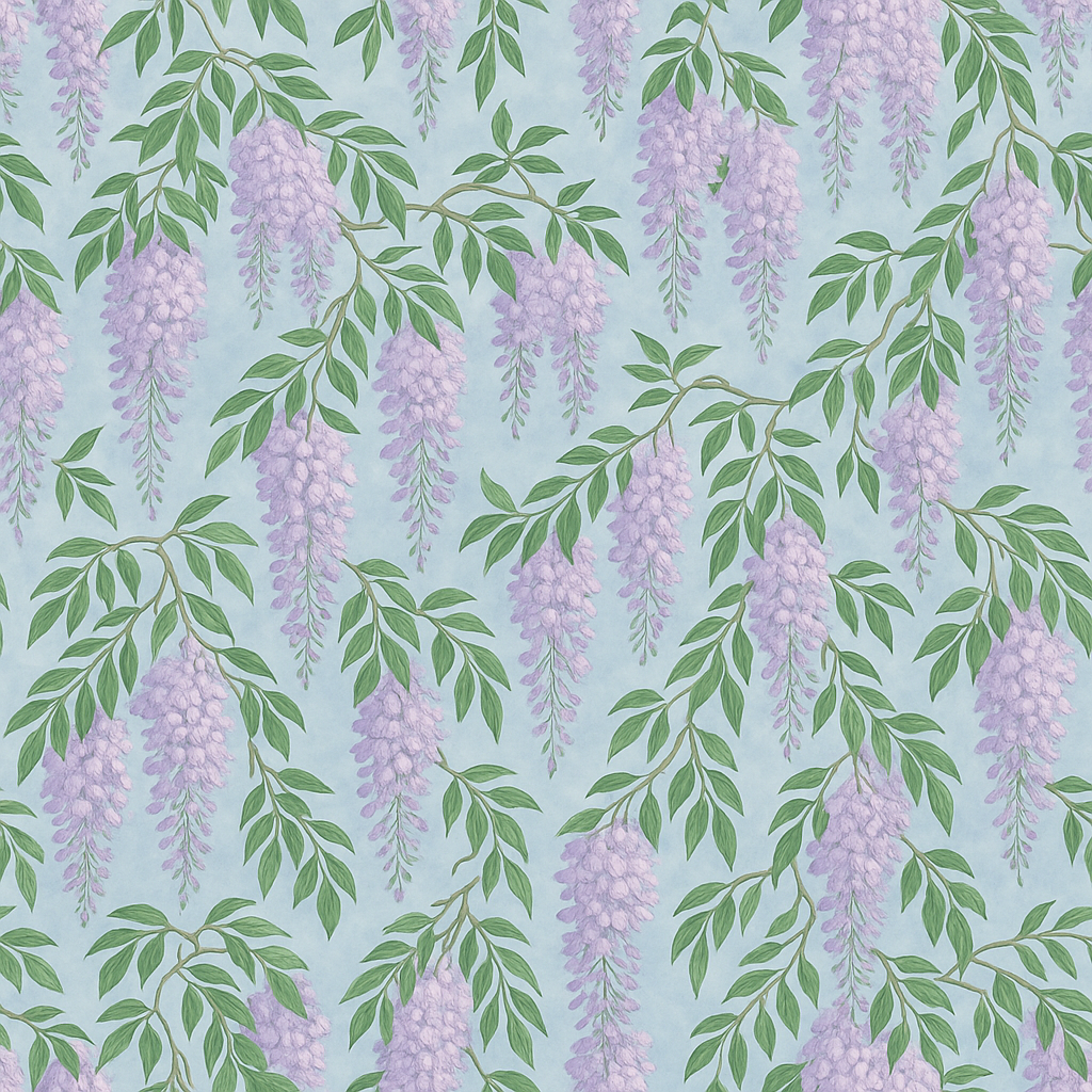 Patterned wallpaper with a wisteria floral design on a light blue background.