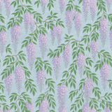Patterned wallpaper with a wisteria floral design on a light blue background.